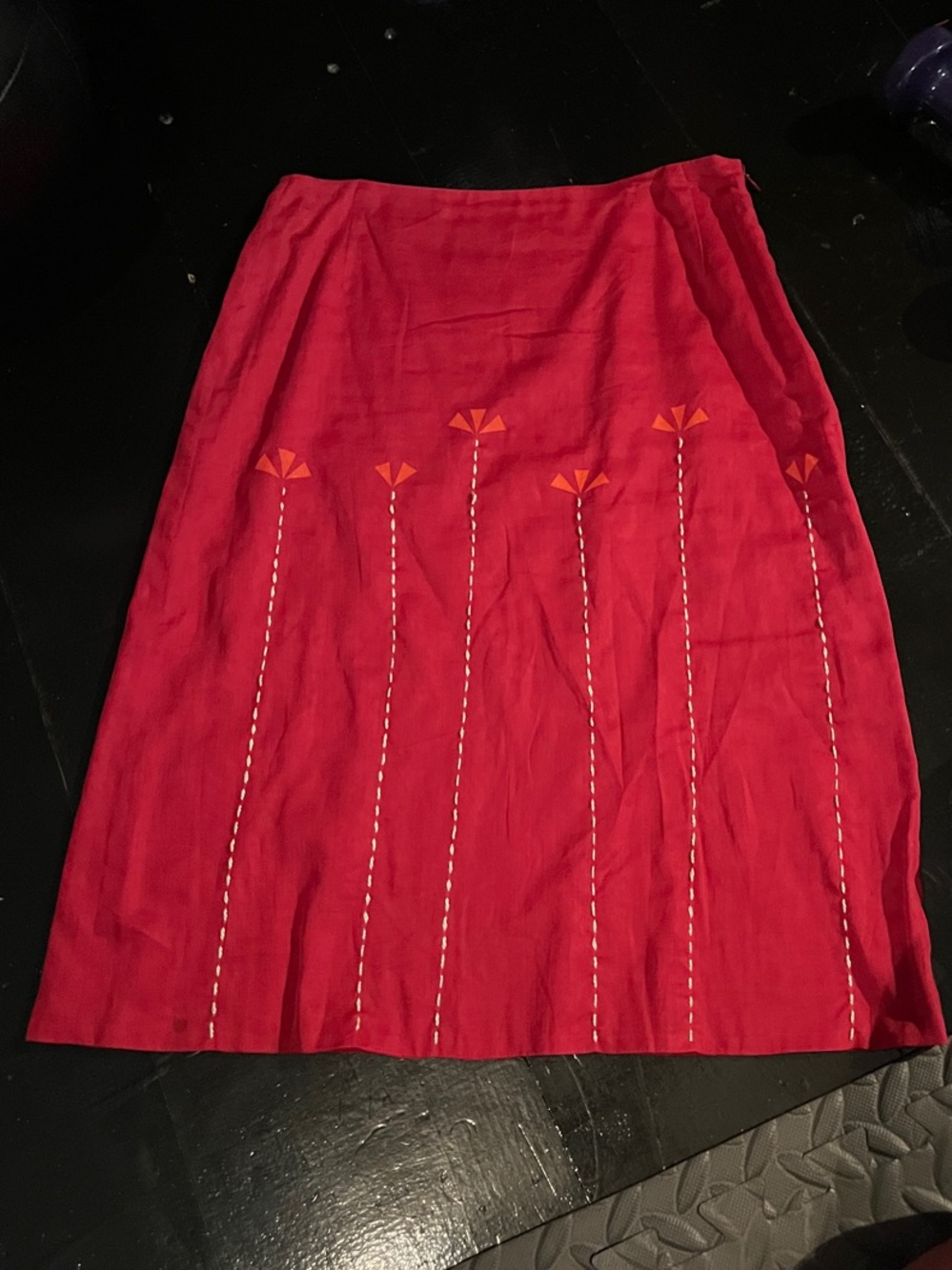 STRENESSE Red Midi Skirt with Orange Floral Accents